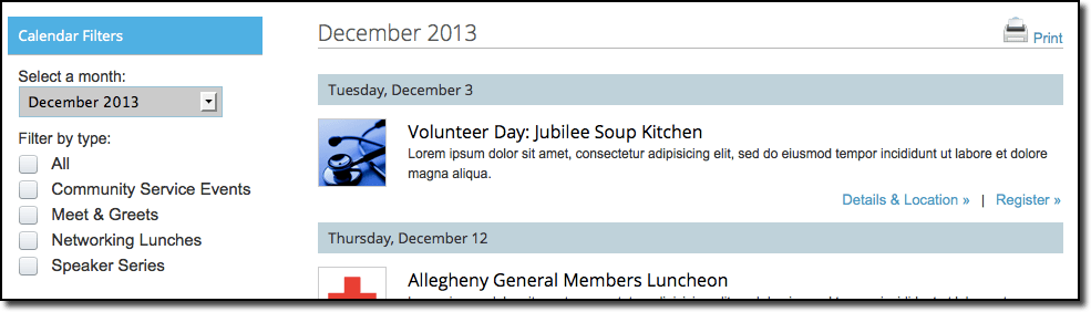 Women in Medicine calendar with a filter on the left for event type Women in Medicine calendar with a filter on the left for event type.