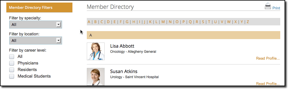 Screenshot of the member directory for the Women in Medicine group Screenshot of the member directory for the Women in Medicine group.