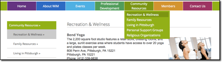 Navigation bar and class listing on the Recreation and Wellness page Navigation bar and class listing on the "Recreation and Wellness" page.